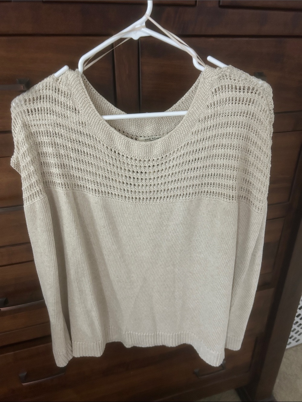 Max Studio Cream Open-Stitch Knit Crewneck Sweater